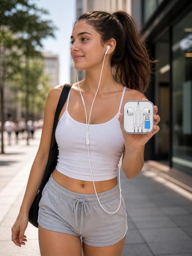Image of Wired Earphones Compatible with iPhone, Lightning Connector, Ergonomic Design, Built-in Microphone, Volume Control, White, TPU Material