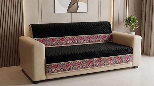 Image of KINGLY Sofa Cover 3 Seater Fully Covered | Stretchable Anti-Slip Slipcover | Washable Furniture Protector | Black Multicolor | Set of 2 | Seat & Back |