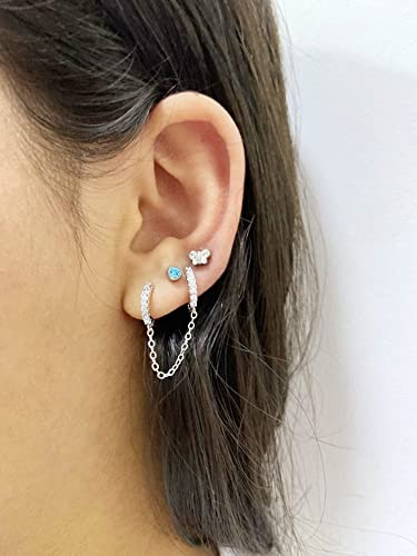 Two Holes Cubic Zirconia Small Hoop Earrings For Women Dainty Cartilage Huggie Cuff Hoops Threader Tassel Chain Crawler Climbers Wrap Drop Dangle Double Piercing Earrings Wife Girlfriend Birthday (Cz Silver) #TOP3
