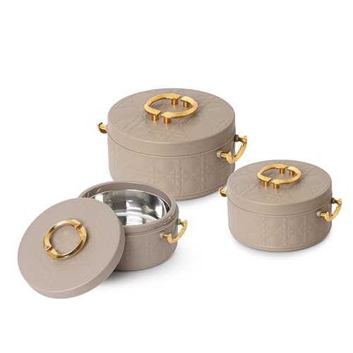 Image of CELLO Ornetto Big Set of 3 Pcs Insulated Steel Casserole Hot Box for Kitchen, Beige (1500ml, 2000ml, 2500ml) | Airtight Hot Pot Case Keeps Food Hot & Warm, Casserole Set for Roti Chapati Rice Biryani