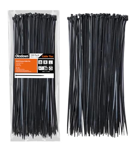 Oksdown 100 Pack Black Plastic Cable Ties 300mm×3.6mm Heavy Duty Strong Nylon Premium Self Locking 12 inch/30 cm Long Zip Tie Wraps