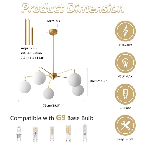 Image of 5 Light Modern Brass Chandelier Mid Century Gold Ceiling Light Fixture White Glass Globe Sputnik Chandelier for Dining Room Bedroom Kitchen