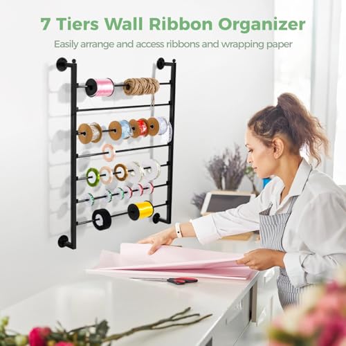 Image of BATTIPAW Ribbon Storage Organizer,27.6-inch Width Wall Mounted Ribbon Holder Rack,7 Tier Large Capacity Black Metal Ribbon Storage for Craft Room,Flower Shop,Cake Shop,Gift Wrapping Paper