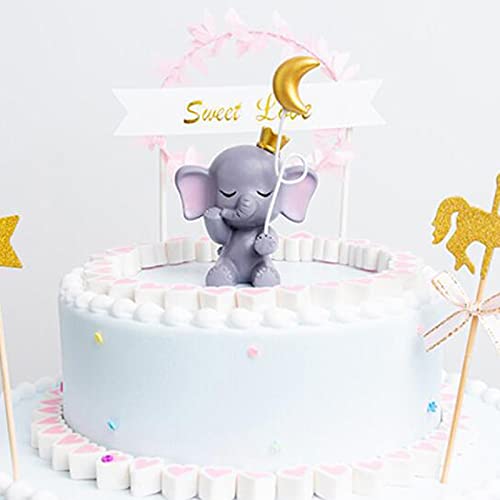 1 Pair Moon & Star Elephant With Balloons Cake Toppers, Elephant Doll Toy Figurines Statue Ornament Cake Decoration For Baby Shower Girls Boys Kids Birthday Cake Decoration #TOP7