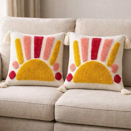 Image of RRC Boho Throw Pillows 16x16 Inch Set of 2 - Soft Mid Century Modern Decorative Pillow Covers, Aesthetic Cushion Cases for Couch, Sofa, Bed & Bedroom Decor (Orange, 16X16(Inches))