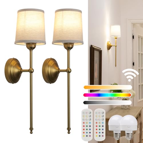 JIMUBEAM Battery Operated Sconces Wall Lighting Fixture Set of 2 with Linen Fabric Shade, RGB Color...