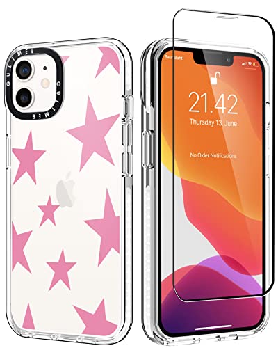 Gultmee For Iphone 12 Case & Iphone 12 Pro Case 6.1Inch With Tempered Glass Screen Protector,Cute Stars Pink Print Slim Design With Shockproof Pc Bumper Protective Cover Clear Case For Women Girls Man #TOP9