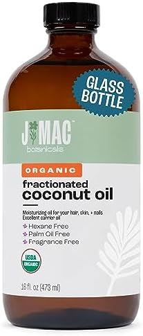 J MAC BOTANICALS Organic Fractionated Coconut Oil (16 Ounce Glass Bottle) Organic Carrier Oil and for DIluting Essential Oils, Moisturizer, Hair Care