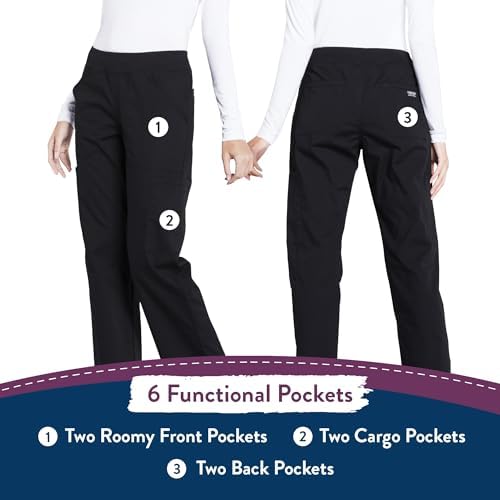Cherokee Women's Scrub Pants Mid Rise Straight Leg Pull-on Cargo Pant with 6 Pockets & 2-Way Stretch Fabric - WW170, L, Black — view 6