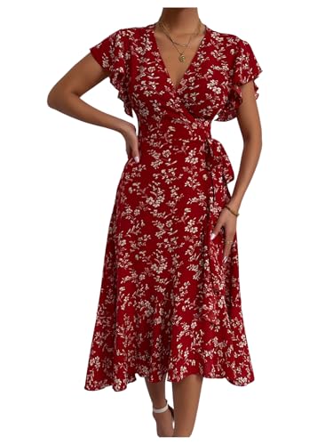 GORGLITTER Women's Floral Wrap V Neck Flowy Midi Dresses Ruffle Cap Sleeve Tie Knot Flared Ruffle Going Out Dress Burgundy Small