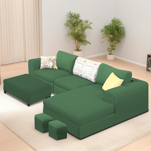 Image of Koza RHS 4 Seater L Shape Sofa Set with Center Table for Living Room (Green Fabric) Premium Fabric Sofa
