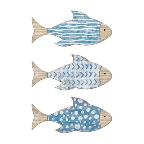 ApexPine 3 PCS Wooden Fish Coastal Decor Set, Beach Themed Room Decor, Vintage Lake House Decor, Nautical Ocean Wooden Fish Wall Art Decor for Home Bathroom Living Room (Gradient Blue)