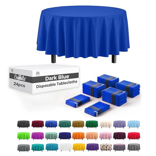Image of Party Solids Dark Blue Round Plastic Tablecloth - 84 Inch, Pack of 24