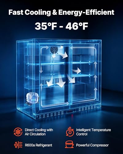 Image of VEVOR Back Bar Cooler, 7.4 Cu. Ft Commercial Beverage Refrigerator, Under Counter Bar Fridge with 2 Sliding Doors, LED Lighting, Adjustable Shelves, Low-E Glass Display Cooler for Beer, Wine, Drink