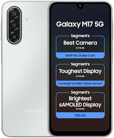 Samsung Galaxy M17 5G Mobile (Moonlight Silver, 4GB RAM, 128GB Storage) | 50MP OIS Triple Camera | Gorilla Glass Victus| IP54 | 6 Gen OS Upgrades | AI | Gemini Live | Lag-free Gaming | Without Charger