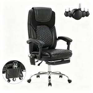 Massage Office Chair with Heat and Footrest –Reclining Desk Chair, Big and Tall Leather Computer Chair with Wheels, PU Executive Office Chair for Home, Gaming, Study, 300 lbs,Black