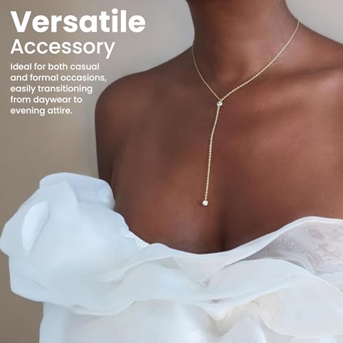 Faire de la Mode 14k Gold Plated Sterling Silver Lariat Necklace with 2 Cubic Zirconia in a 3.25" Dainty Drop Pendant, 16" - 19" Gold Plated Sterling Silver Long Necklace for Women3