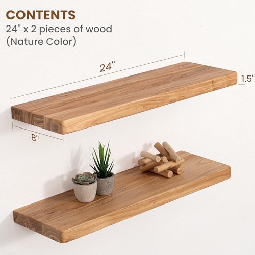 Image of Floating Shelves for Wall, 24 inchWx8 inchD Rustic Solid Elm Wood Floating Shelves Wall Mounted, Round Edge Wall Shelves with Invisible Bracket for Living Room Bathroom Bedroom Kitchen, Set of 2, Natural