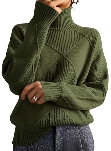 Women's Oversized Cable Knit Turtleneck Sweaters Argyle Diamond Pattern Chunky