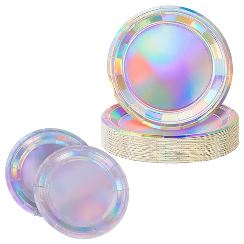 Fadcaer 24 Pcs Party Plates Paper 9 inch Round Disposable Plate Silver Holographic Paper Plates Lunch Dinner Dessert Paper Plate Iridescent Paper Plate for Birthday Wedding Dining Picnic