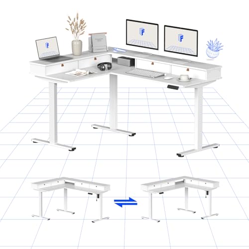 FLEXISPOT Escritorio Esquinero en Forma de L Escritorio Elevable Eléctrico Escritorio Regulable en Altura Y Espacio de Almacenamiento Mesa Escritorio Elevable Esquinero con Cajones(Blanco 160 * 120cm)