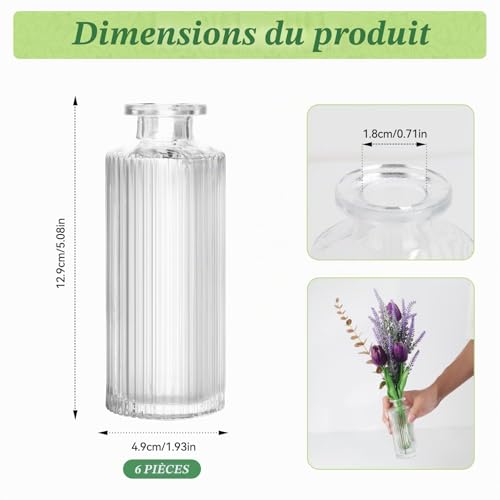 Prmape Lot de 6 Mini Vases en Verre, Petits Vases Decoratifs pour Table, Petit Vase Deco Table Transparent, Vase Fleur Vintage pour Décorations de Mariage Anniversaires Fêtes 13 cm de Hauteur – vue 2