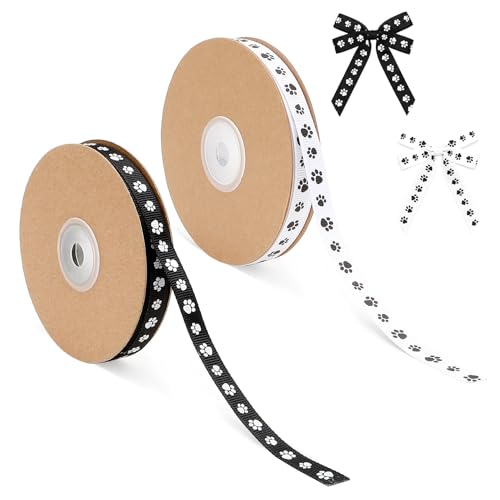 Black and White Paw Print Ribbon 3/8 Inch 50 Yards Dog Cat Paw Print Satin Ribbon 2 Rolls Pet Theme Ribbons for DIY Crafts Party Ornaments Holiday Birthday Party Home Decor Hair Bows Making