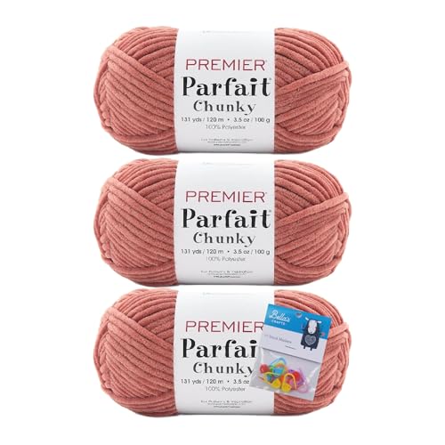 Image of Premier Yarns Parfait Chunky Chenille 3.5 Oz 6 Super Bulky Weight 3 Pack Bundle with Bella's Stitch Place Holders (Chestnut)