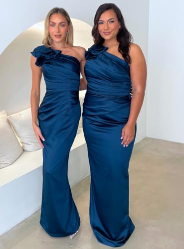 SoDigne One Shoulder Satin 2025 Mermaid Bridesmaid Dresses for Women Long Ruffles Prom Dress with Slit4