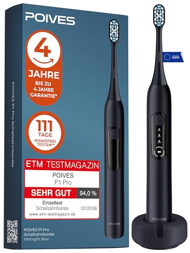 Schallzahnbürste POIVES P1 Pro - Bestnote SEHR GUT, Drucksensor schützt Zähne & Zahnfleisch, 4 Jahre Garantie, 111 Tage Risikofrei testen, Ultraschall Elektrische Zahnbürste, Midnight Blue