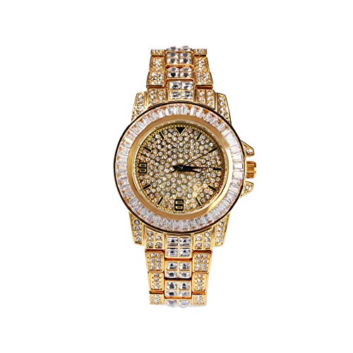 Moca Jewelry Iced Out Fashion Reloj de lujo chapado en oro de 18 quilates Bling CZ simulado diamante Hip Hop Rapper Reloj para hombres y mujeres (dorado) Cover
