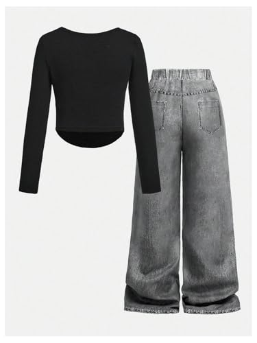 Image of SOLY HUX Girl's 2 Piece Outfits Graphic Print Long Sleeve Tee Tops and Jean Pants Streetwear Set