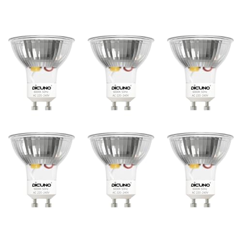 DiCUNO Bombilla LED GU10, 5W, Blanco frío 6000K, Equivalente de halógeno 50W, Bombilla para foco LED GU10, 430lm, No regulable, 220-240V, Ángulo de haz 120 °, 6 Piezas