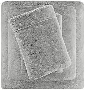 Sleep Philosophy True North Soloft Plush Bed Sheet Set, Wrinkle Resistant, Warm, Soft Fleece Sheets with 14" Deep Pocket Cold Season Cozy Bedding-Set, Matching Pillow Case, Twin, Grey, 4 Piece