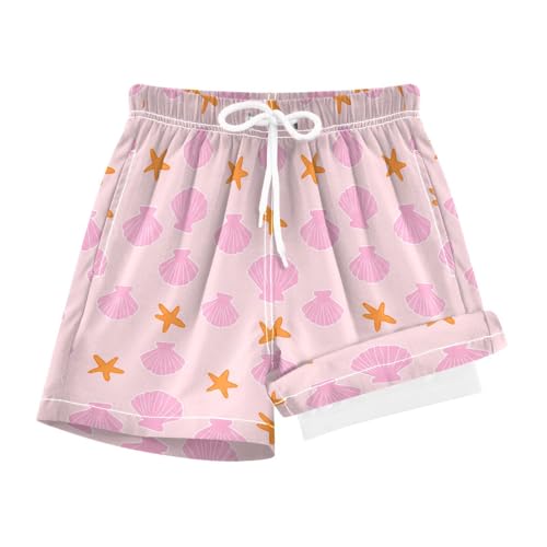 YANENDIE Boy Swim Trunks with Compression Liner Pink Seashells Boys Swim Shorts Quick Dry Beach Shorts