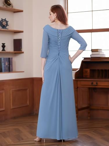Chiffon Mother of The Bride Dresses for Wedding 3/4 Sleeves Long Ruched Applique Formal Evening Dress JH0253
