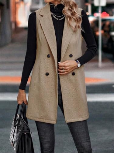 Kinghua Womens Wool Long Vest Sleeveless Lapel Double Breasted Fall Winter Coats Jackets2