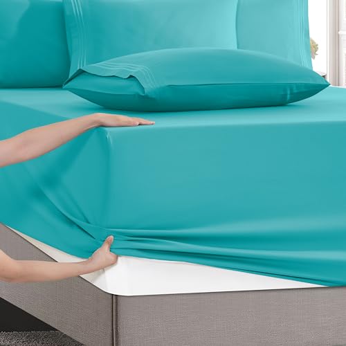 Image of Mocassi Luxury 4-Piece Sheet Set, Ultra Soft 1800 Premium Hotel Quality Microfiber Sheet Set, Fits Mattresses Up to 18 to 24 Inches Extra Deep Pocket - Breathable and Secure Fit, Twin, Teal