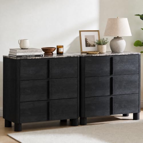Image of 31.5 inch Wide 3 Drawer Dressers, Faux Marble & Wood Storage Cabinet, Modern Curved Accent Chest with Rounded Wood Handles for Bedroom, Living Room & Entryway, Black Grey