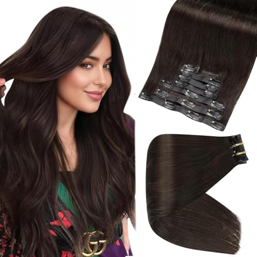 Image of Full Shine Seamless Clip in Hair Extensions Human Hair Brown Remy Hair Extensions Clip in Darkest Brown Straight Natural Hair Extension for Women 12 Inch 8 Pcs 95g