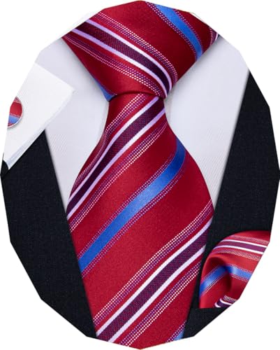 Image of YourTies Burgundy Ties for Men Striped Tie Woven Silk Necktie Handkerchief Cufflinks Set Formal Business Party Wedding