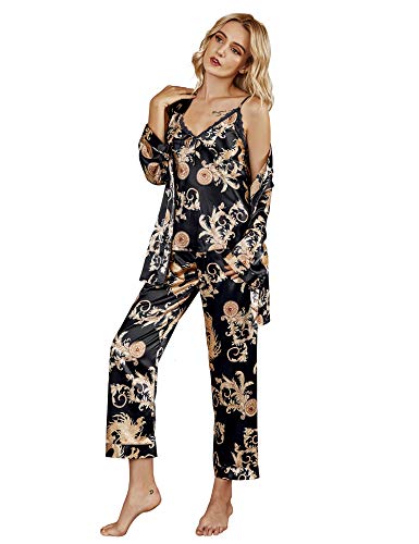 Romanstii Silk Satin Pajamas Sleepwear Long Sleeve Home Nighty Three Piece Set Black