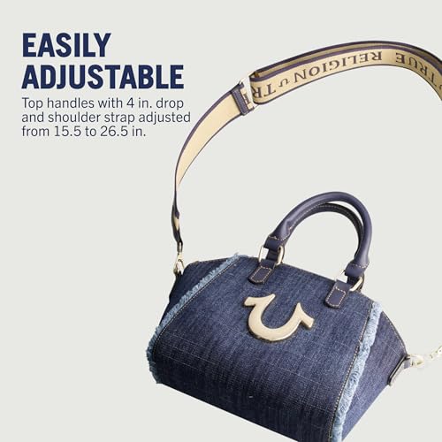 True Religion Women's Satchel Bag, Frayed Denim Crossbody Handbag Purse with Adjustable Shoulder Strap, Denim4