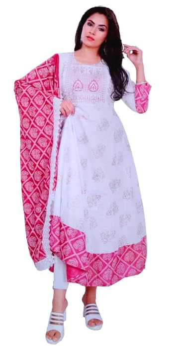 Hasina White Embroidered Anarakali With Laced Pink Shawl (XX-Large)