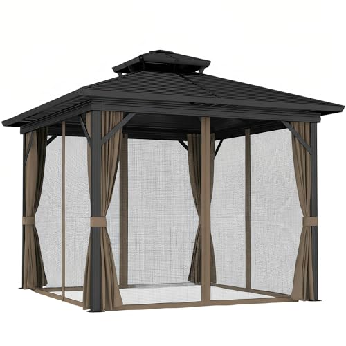 Outsunny 10' x 10' Hardtop Gazebo Canopy with Galvanized Steel Double Roof, Aluminum Frame, Permanent Pavilion Outdoor Gazebo with Netting and Curtains for Patio, Garden, Backyard, Dark Brown