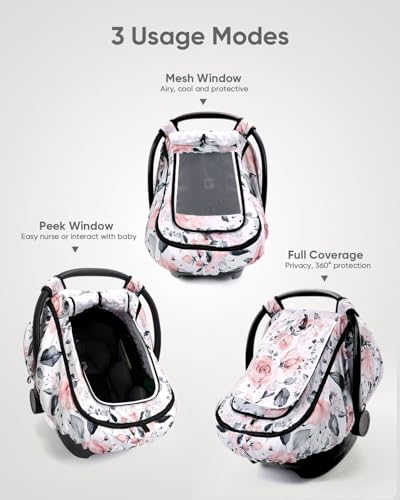 Image of Car Seat Cover Baby Girls, Infant Car Seat Canopy Outdoor, 2 Layers with Mesh and Sun Shade Window for Summer Winter, Easy Access Carseat Covers Snug Fit Baby Stroller - Pink Floral