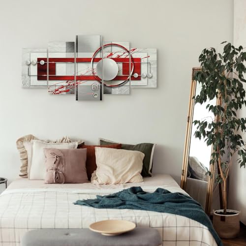 B&D XXL - Leinwand Bilder Abstrakt 200x100 cm Vlies Leinwandbild 5 tlg Kunstdruck modern Wandbilder Groß XXL Wanddekoration Design Wand Bild - geometrische Muster Kreise Textur rot grau weiß