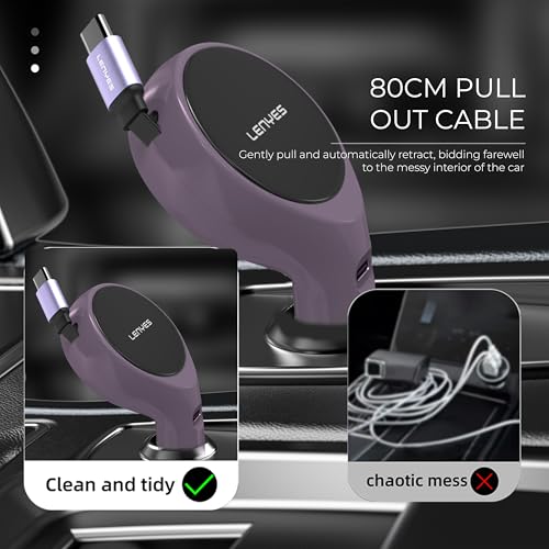 Image of Lenyes CA820 60W Car Charger | Dual Output with 80cm Retractable Type-C Cable | 30W PD Fast Charging | 2-in-1 Adapter for Type-C Devices | Compact Car Accessory (Purple)