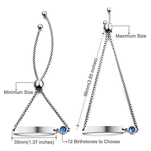 Memediy Personalized Birthstone Bracelets Customized Gift Birthday Engraving For Women Girl Girlfriend Mom Auntie Sister Best Friend Stainless Steel Friendship Adjustable (Silver Color) #TOP1