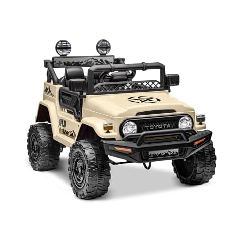 XCAR 12V Kids Ride On Truck Car, Licensed Toyota FJ40 Power Wheels with Remote Control, LED Lights, 3 Speeds, Music, Khaki Cover